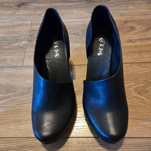 Kork-Ease Black Leather Slip-On Clogs with Tan Wood Heel - Picture 3 of 12